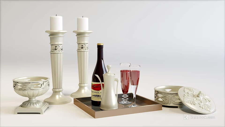 Elegant Decorative Household Items Including White Candle Holders Wine Bottles Glasses Tray and Tableware 3d model 