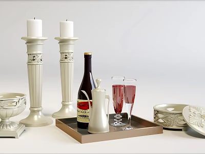Elegant Decorative Household Items Including White Candle Holders Wine Bottles Glasses Tray and Tableware 3d model