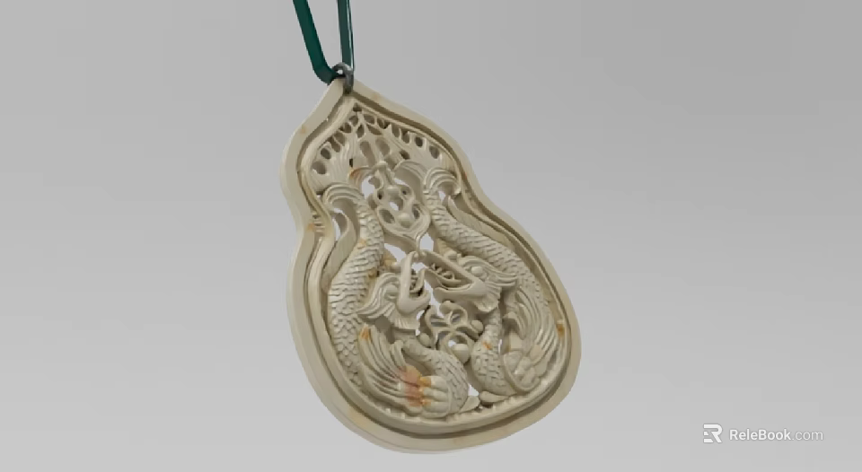 White Gourd Shaped Jewelry Pendant With Intricate Dragon Carvings On Green Cord 3d model 