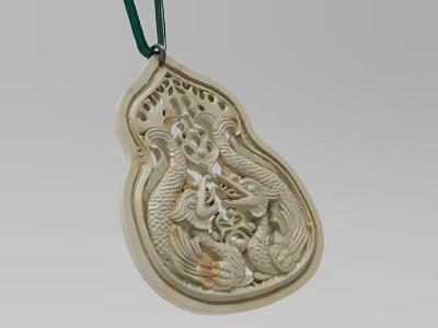 White Gourd Shaped Jewelry Pendant With Intricate Dragon Carvings On Green Cord 3d model