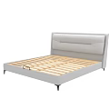 Double Bed With Gray Upholstered Headboard Wooden Slats And Black Legs