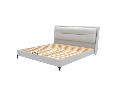 Double Bed With Gray Upholstered Headboard Wooden Slats And Black Legs 3d model