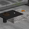 Modern Black Coffee Table with Marble Base Tray Glasses Green Plant and Oranges