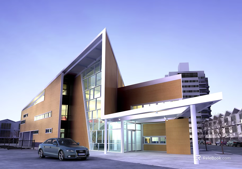Modern Unique Design Building Featuring Glass Curtain Walls Entrance Canopy And Car In Front 3d model 