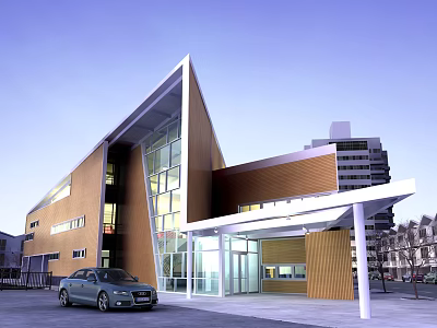 Modern Unique Design Building Featuring Glass Curtain Walls Entrance Canopy And Car In Front 3d model