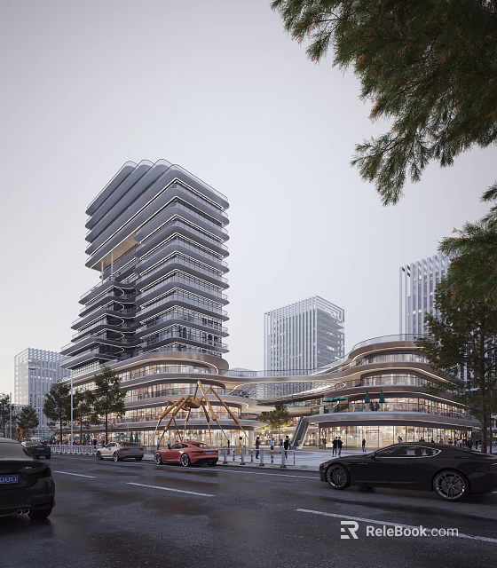 Modern Commercial Street with Tall Modern Buildings Multi Level Structure Pedestrians Vehicles and Trees 3d model 