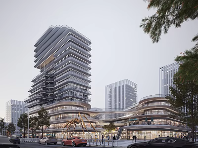Modern Commercial Street with Tall Modern Buildings Multi Level Structure Pedestrians Vehicles and Trees 3d model