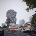 Modern Commercial Street with Tall Modern Buildings Multi Level Structure Pedestrians Vehicles and Trees