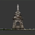 Ornate Garden Ornament Fountain With Multi Tiered Statue Top Decorative Base And Grass Flowers Around