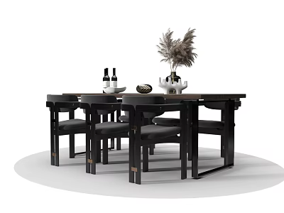 Modern Dining Table Set with Dark Chairs Wine Bottles Bowl and Feather Decor 3d model