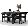 Modern Dining Table Set with Dark Chairs Wine Bottles Bowl and Feather Decor