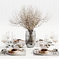 Elegant Dinnerware Set With Wooden Plates Glassware Floral Centerpiece Candle Holders And Silverware