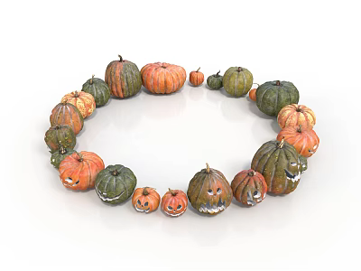 Fresh Colorful Pumpkins Arranged In Circle With Carved Faces And Various Sizes 3d model
