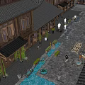 Traditional Commercial Landscape With Stone-paved Courtyard Green Plants And Wooden Architecture