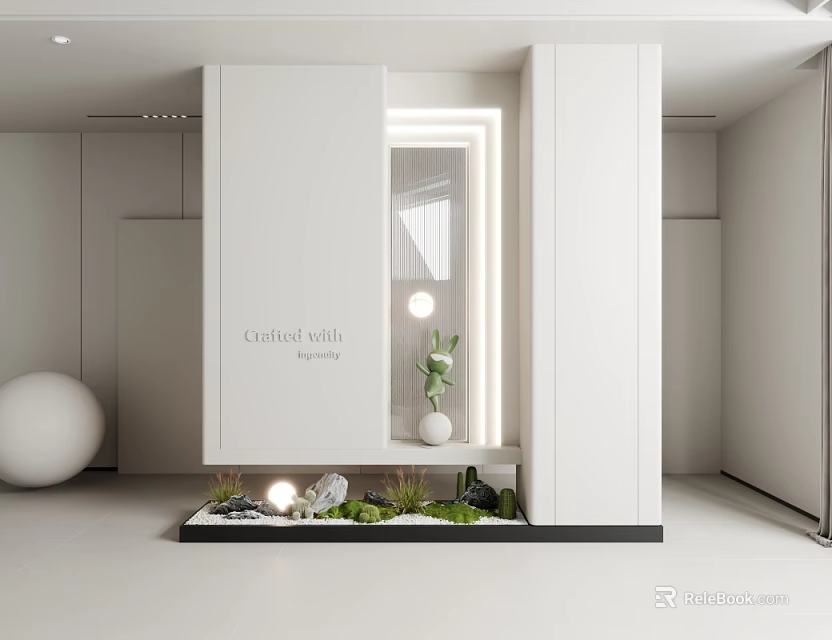 Modern Minimalist Entryway Hallway With White Design Lighting Green Plants And Mirror 3d model 