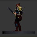 3D Game Movie Character Male Warrior With Mechanical Arm Golden Accent Armor And Weapon Standing Pose