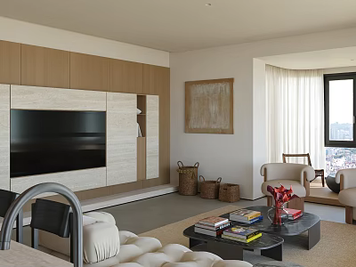 Modern Living Dining Room Interior With Wooden TV Wall Plush Sofa And Coffee Table 3d model