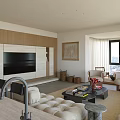 Modern Living Dining Room Interior With Wooden TV Wall Plush Sofa And Coffee Table