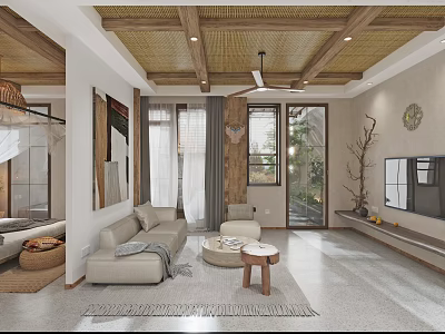 Cozy Living Room Interior With Wooden Ceiling Ceiling Fan Neutral Sofa And Large Windows 3d model