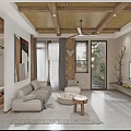 Cozy Living Room Interior With Wooden Ceiling Ceiling Fan Neutral Sofa And Large Windows