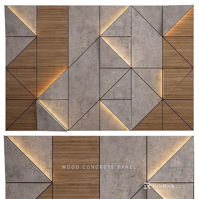 Geometric Wood And Concrete Panel Wall Decor With Illuminated Design Elements 3d model 
