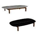 Two Modern Coffee Tables with Oval Marble Top and Long Gray Stitched Upholstered Design