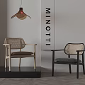 Minotti Dining Chairs With Rattan Backrest Light Dark Wood Frame Brown Gray Cushion