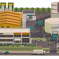 Cartoon Factory Scene With Yellow Roofed Building Storage Tanks Trucks Roads And Greenery