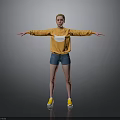 Child In Orange Sweatshirt With White Design And Blue Denim Shorts Standing With Arms Outstretched
