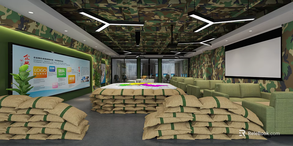 Camouflage Themed Recreation Area With Stacked Sacks Green Sofas And Projector Screen 3d model 