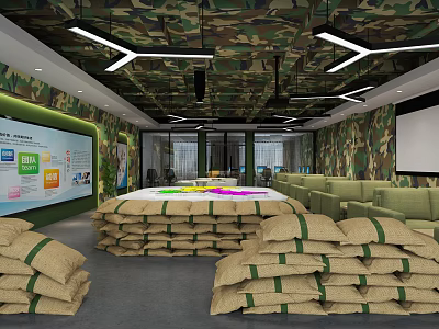 Camouflage Themed Recreation Area With Stacked Sacks Green Sofas And Projector Screen 3d model