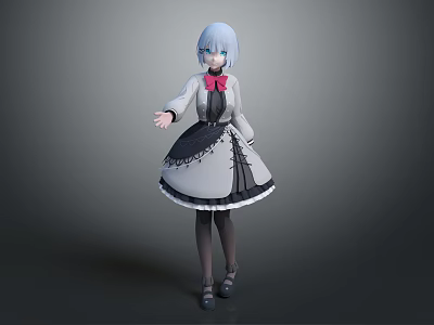 3D Blue Hair Character In Black White Maid Outfit With Red Bow And Lace Trim 3d model