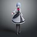 3D Blue Hair Character In Black White Maid Outfit With Red Bow And Lace Trim