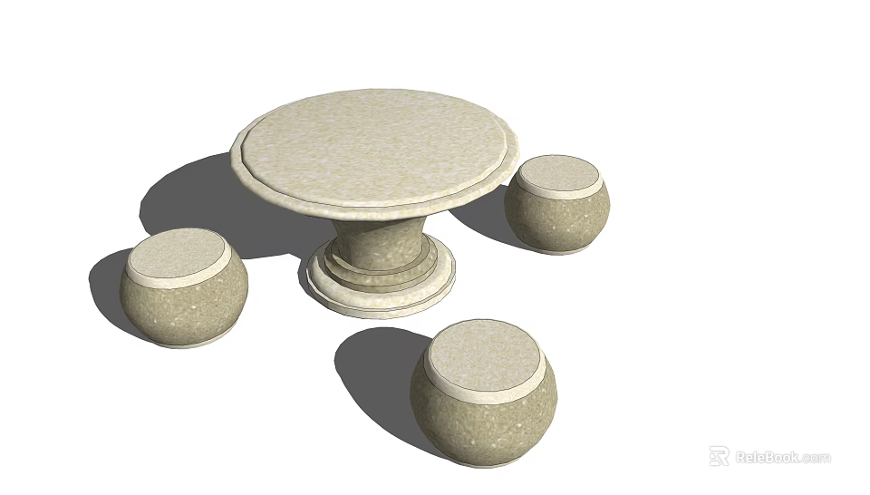 Outdoor Landscape Seating Set With Round Stone Table And Three Stools 3d model