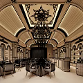 Luxurious Classical Restaurant Interior With Ornate Ceiling Crystal Chandelier Dining Tables And Wine Barrels