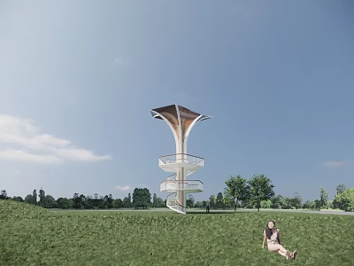 Spiral Observation Tower on Green Grassland With Trees Blue Sky and Person Sitting 3d model