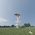 Spiral Observation Tower on Green Grassland With Trees Blue Sky and Person Sitting
