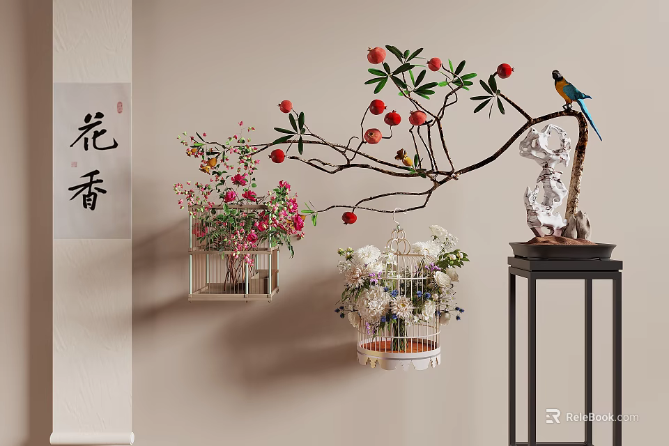 Traditional Hanging Birdcage Decorations With Flowers Branches Fruits And Bird Near Flower Fragrance Calligraphy 3d model 
