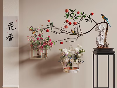 Traditional Hanging Birdcage Decorations With Flowers Branches Fruits And Bird Near Flower Fragrance Calligraphy 3d model