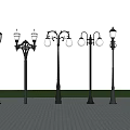 Outdoor Street Lights With Black Poles And Various Decorative Designs