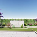 Modern Landscape Wall Design With Trimmed Trees Purple Flowers And Green Lawn