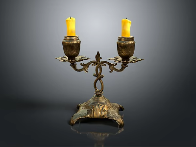 Brass Double Candle Holder With Two Yellow Candles And Decorative Carvings On Ornate Base 3d model