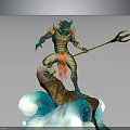 Mythical Sea Creature Warrior With Trident Standing On Turquoise Wave Rock In Ornate Armor