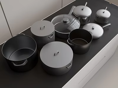 Various Sizes And Shapes Of Cookware Including Lidded Pots And Pans On Black Countertop 3d model