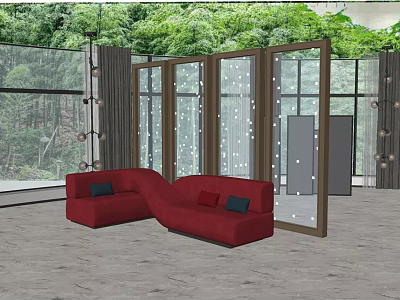 Red Sectional Multi Seater Sofa In Modern Living Space With Large Windows And Green Forest View 3d model