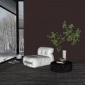 White Single Sofa With Black Side Table Green Plant On Gray Carpet And Wooden Wall