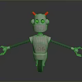 Robot Character With Silver Metallic Body Red Antennae Green Eyes Mechanical Arms And Wheels