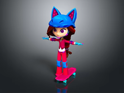 Cartoon Game Character Girl Wearing Blue Cat Ears Helmet And Pink Skateboard Outfit 3d model