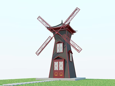 Traditional Windmill Tower With Red Blades Decorative Windows Carved Doors And Grass Base 3d model