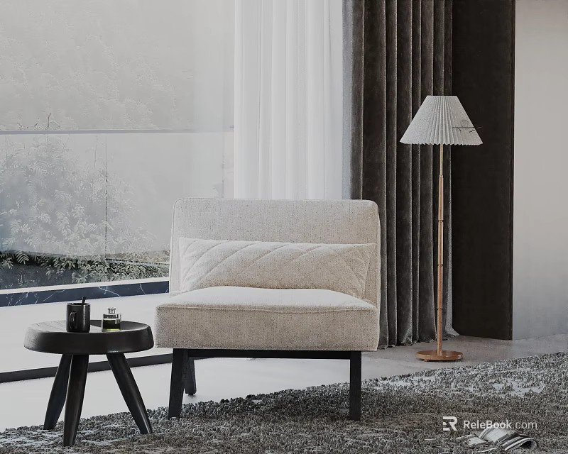 Beige Fabric Accent Chair With Small Black Side Table Floor Lamp And Rug Near Curtains 3d model 